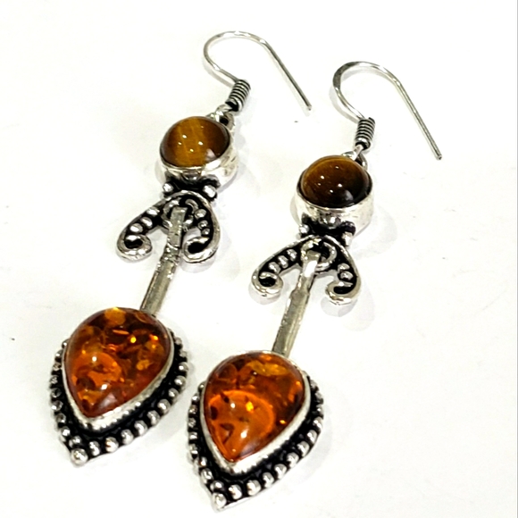 Hand Crafted Jewelry - Amber earrings, baltic amber tiger eye earrings, 925 silver amber earrings